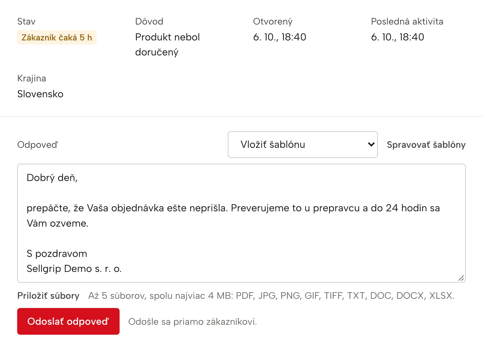 Tikety v Sellgripe, s ukážkovými dátami