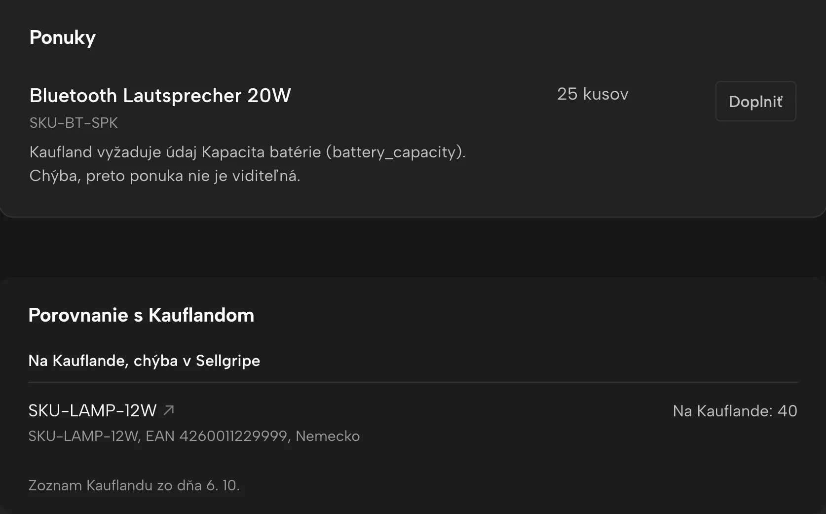 Kontrola ponúk v Sellgripe, s ukážkovými údajmi