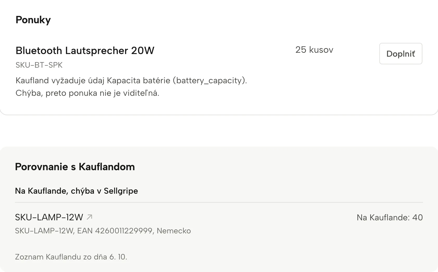 Kontrola ponúk v Sellgripe, s ukážkovými údajmi
