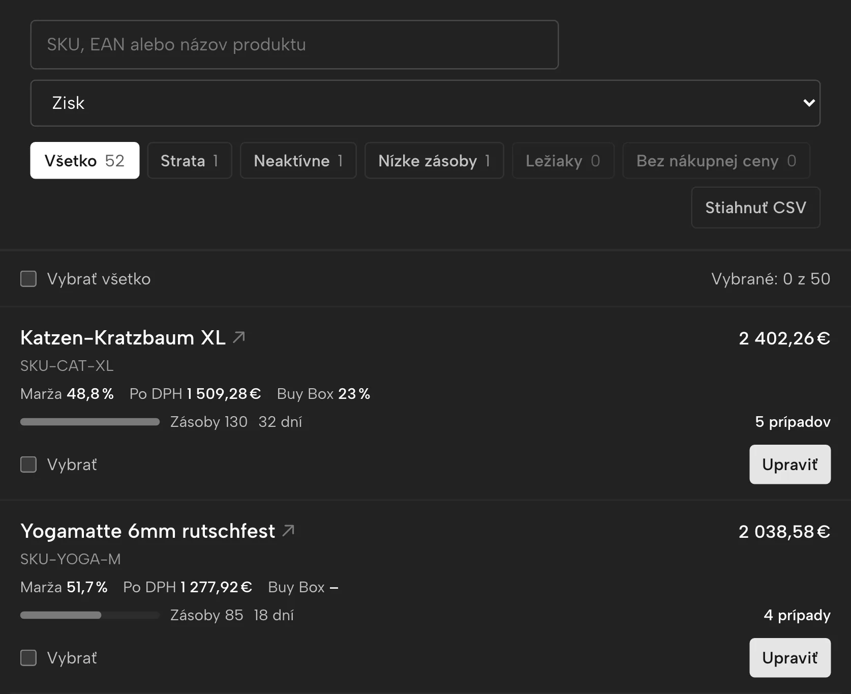Produkty v Sellgripe, s ukážkovými údajmi