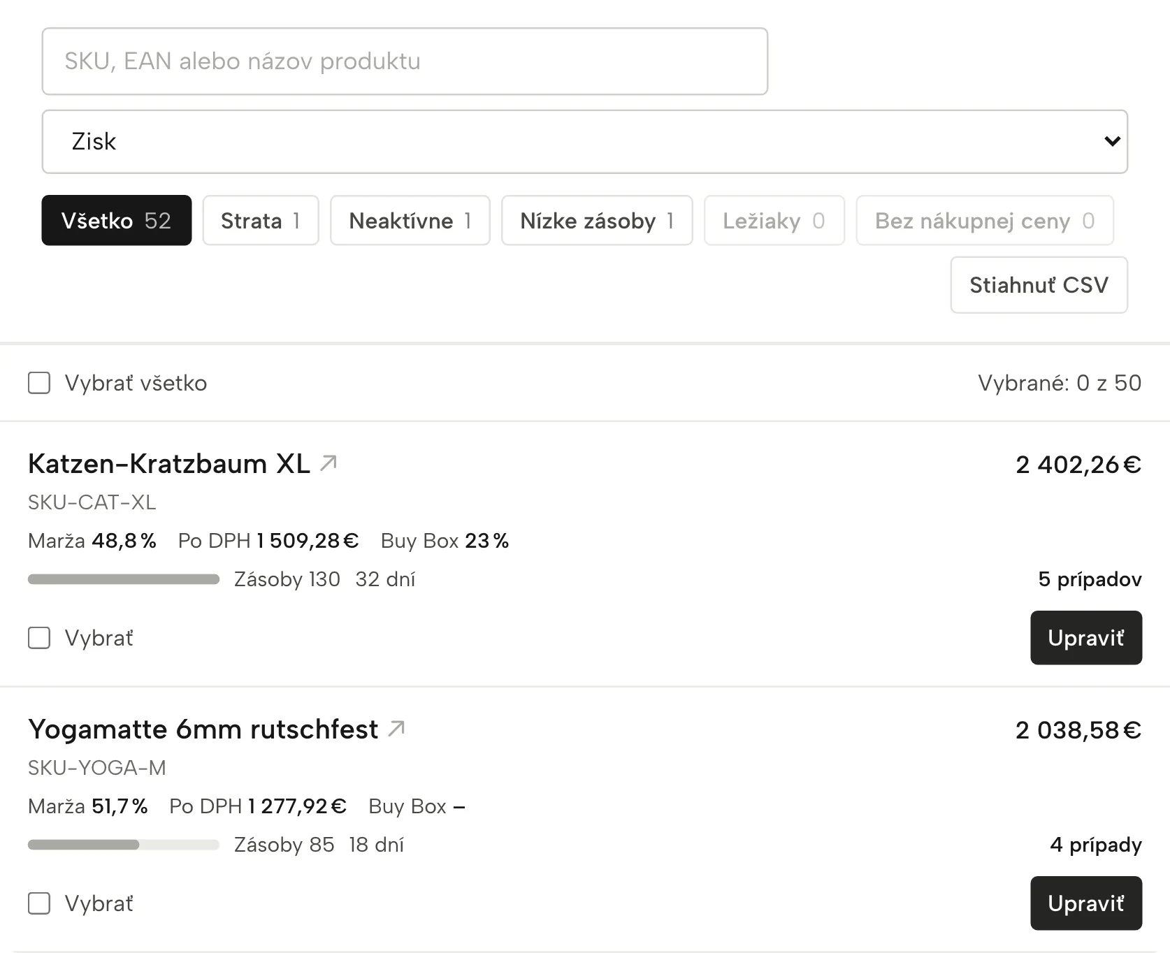 Produkty v Sellgripe, s ukážkovými údajmi