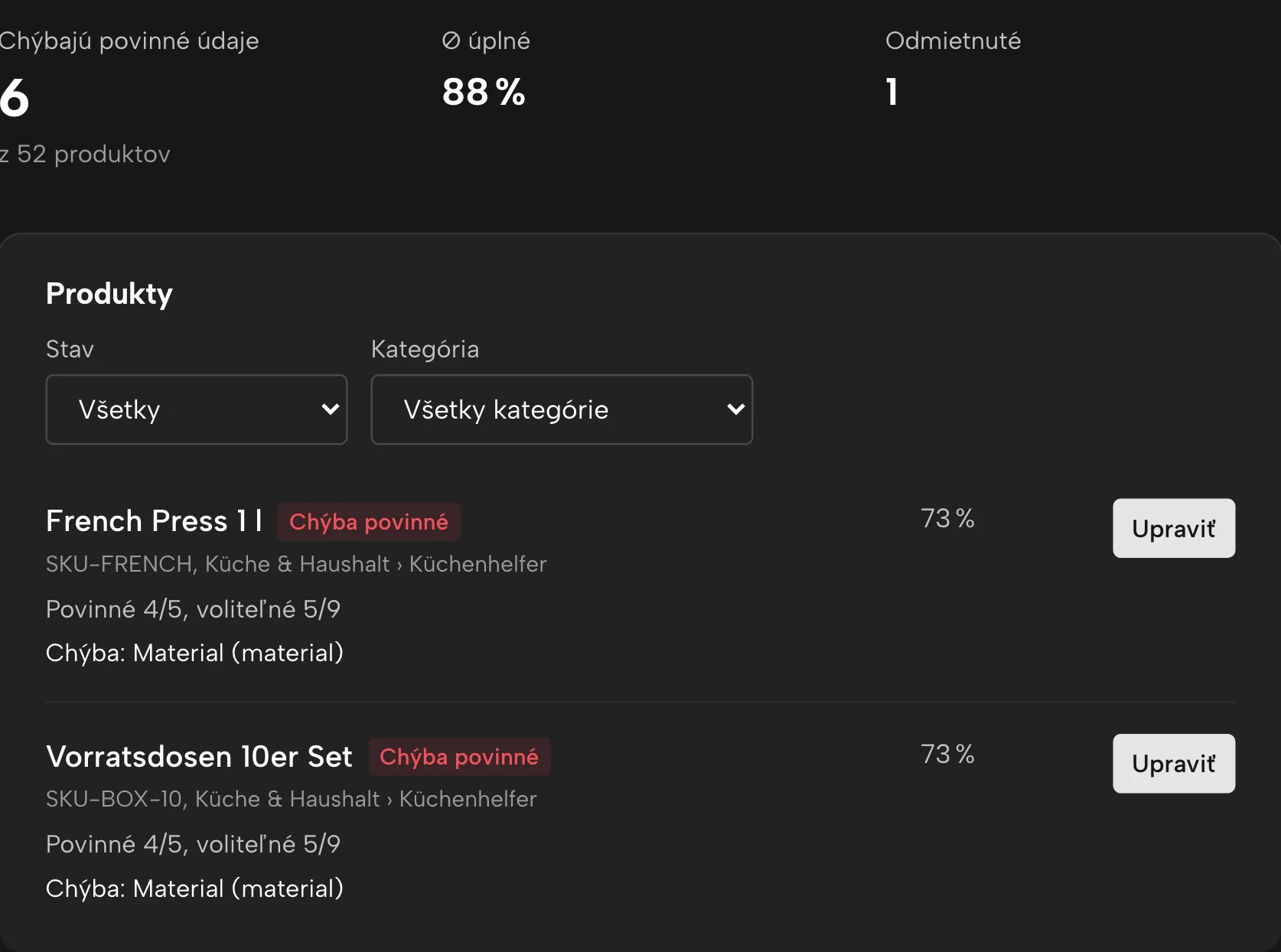 Produktové údaje v Sellgripe, s ukážkovými údajmi