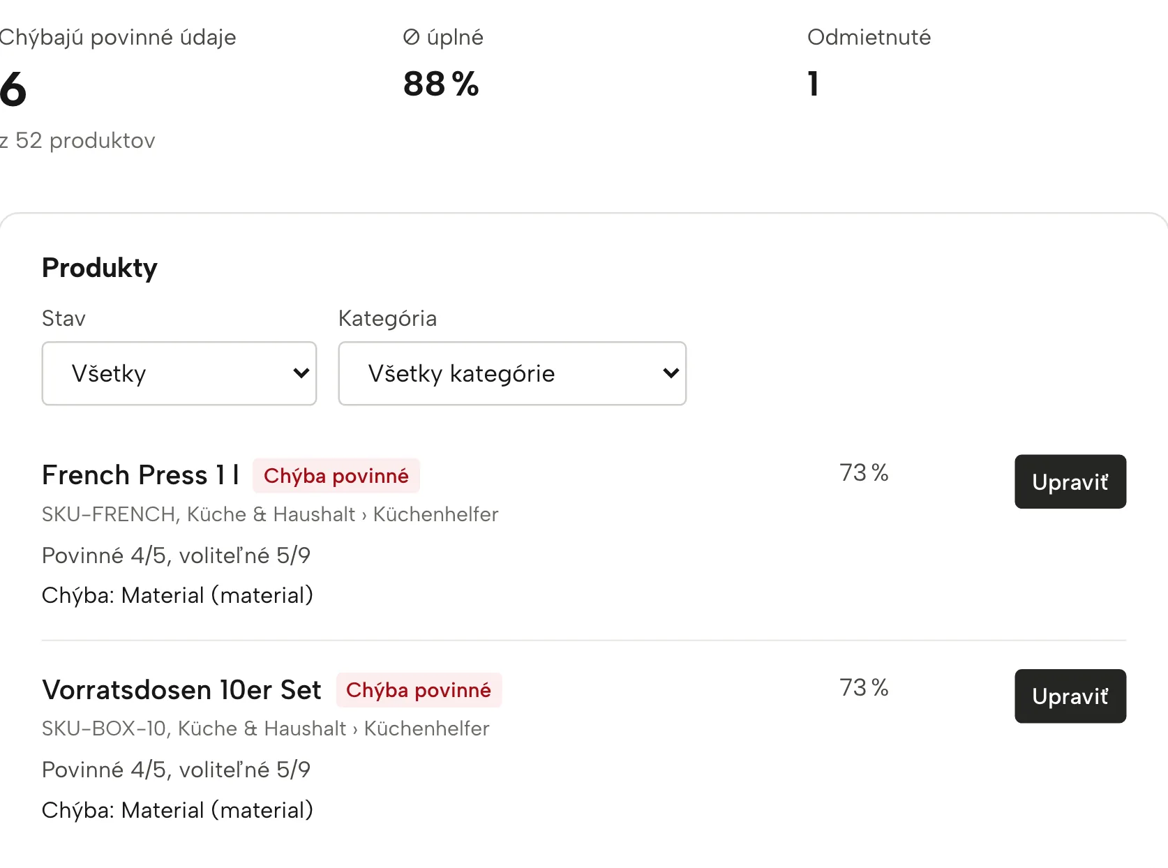 Produktové údaje v Sellgripe, s ukážkovými údajmi