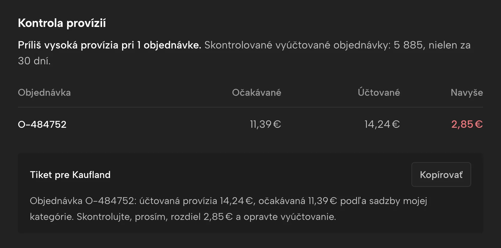 Kontrola provízií v Sellgripe, s ukážkovými údajmi
