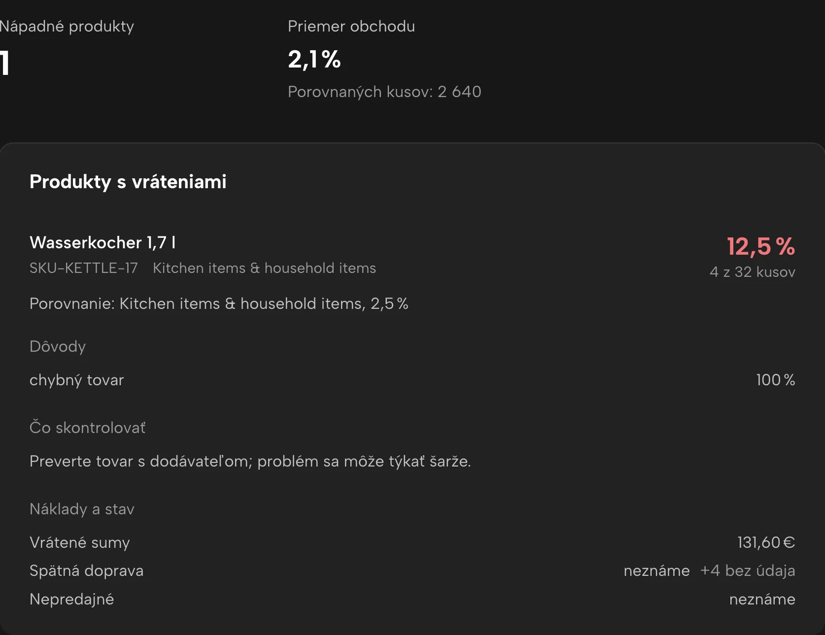 Radar vrátení v Sellgripe, s ukážkovými údajmi