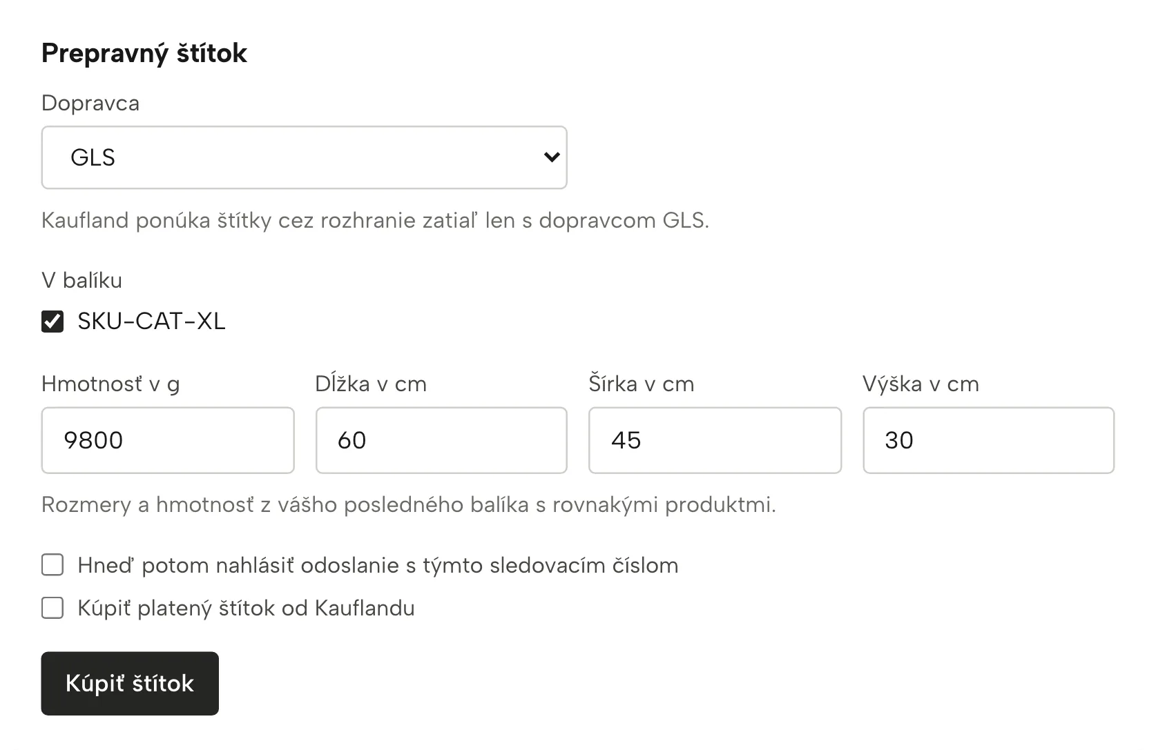 Prepravné štítky v Sellgripe, s ukážkovými údajmi