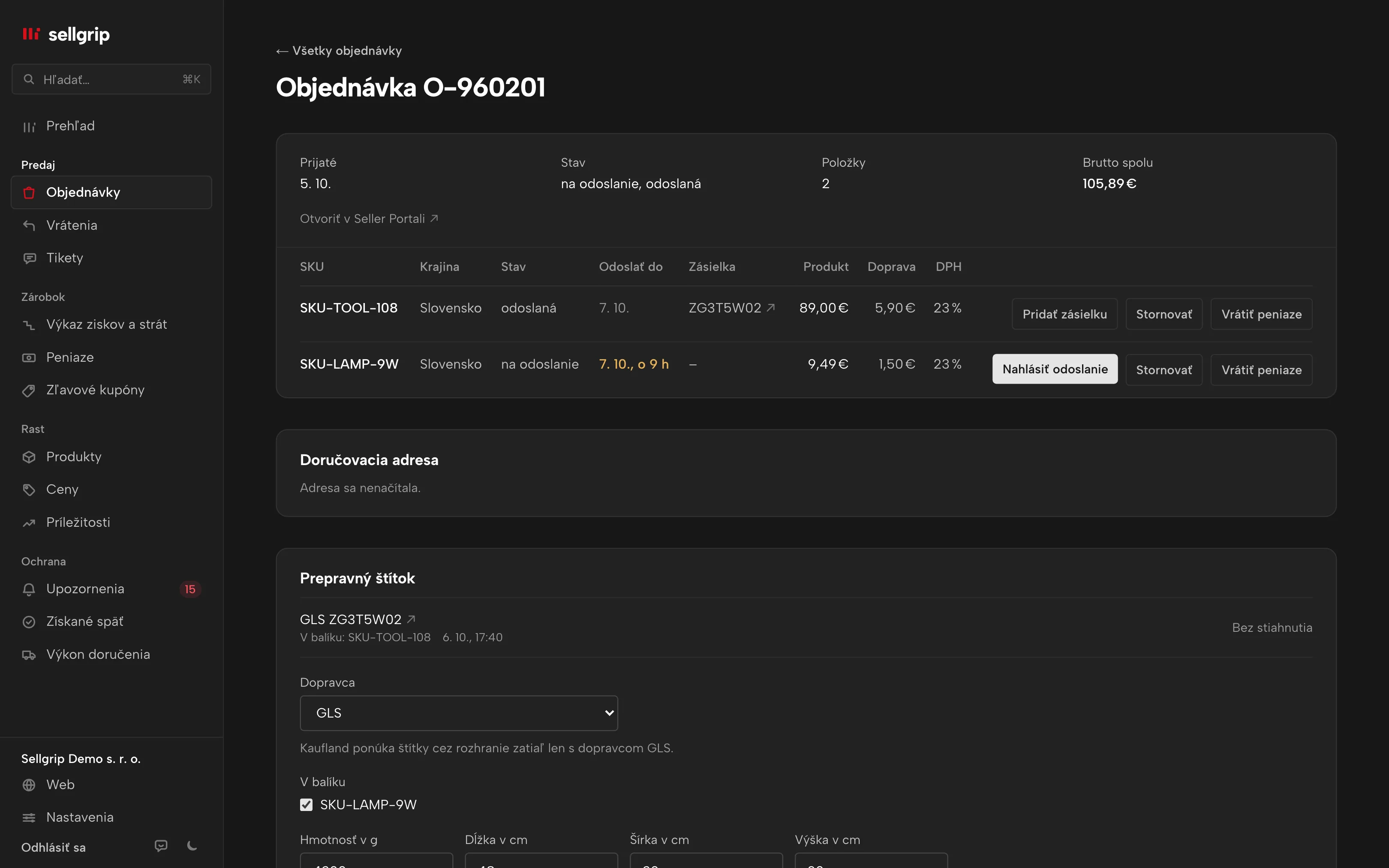 Objednávka v Sellgripe s panelom pre prepravný štítok GLS, hmotnosťou a rozmermi.