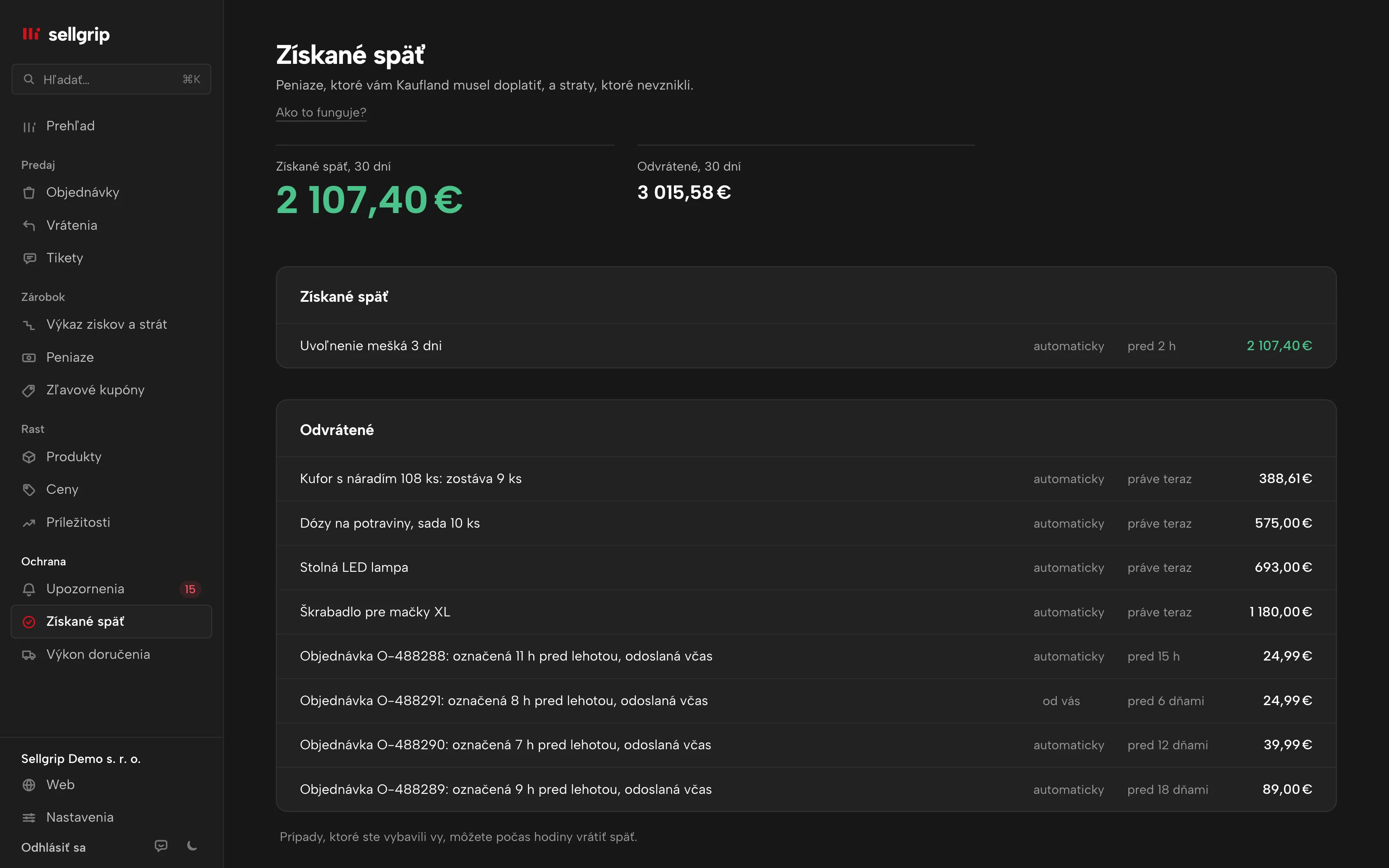 Získané späť v Sellgripe: dva súčty a doklady so sumou.