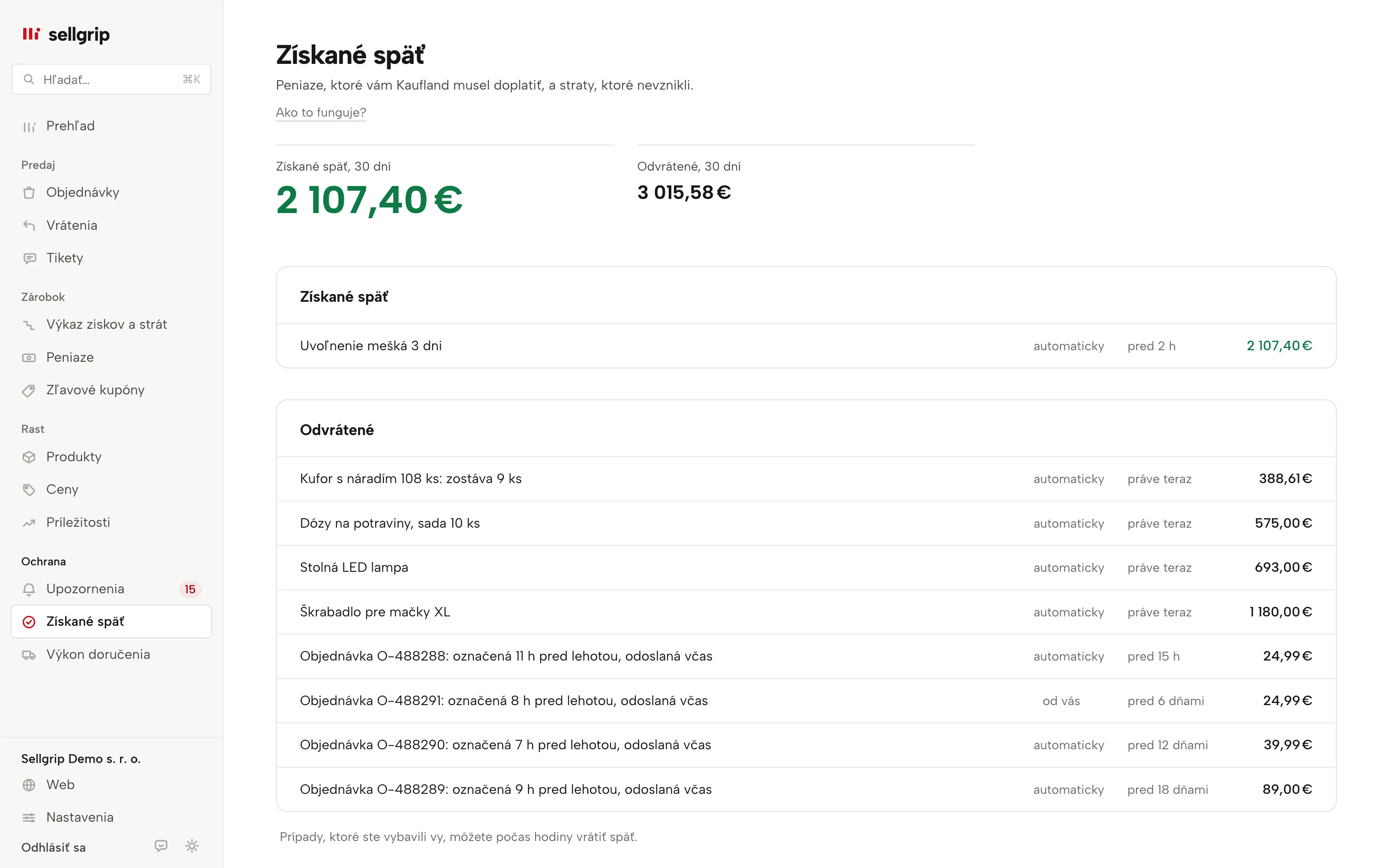 Získané späť v Sellgripe: dva súčty a doklady so sumou.
